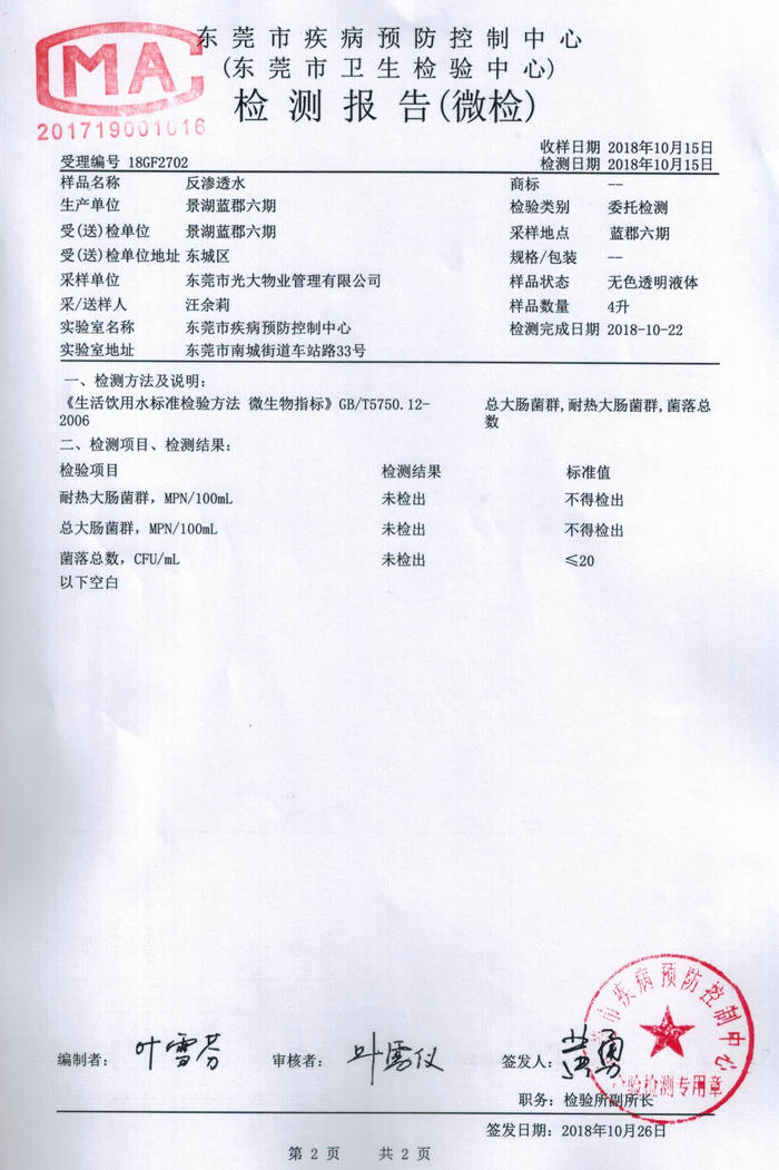 景湖蓝郡六期反渗透水检测